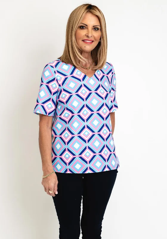 Easy-to-Wear Avalon Geo Print V-Neck Top, Pink & Blue