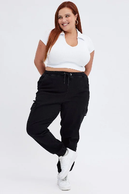 Casual Comfort Wear Black Cargo Denim Jeans High Rise
