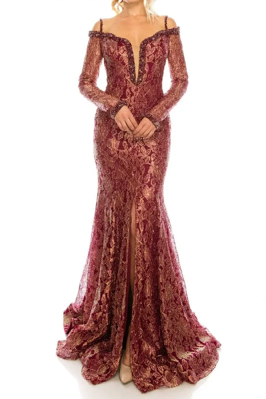 Comfy Dress Odrella - 1080 Bejeweled Plunging Off Shoulder Metallic Lace Gown