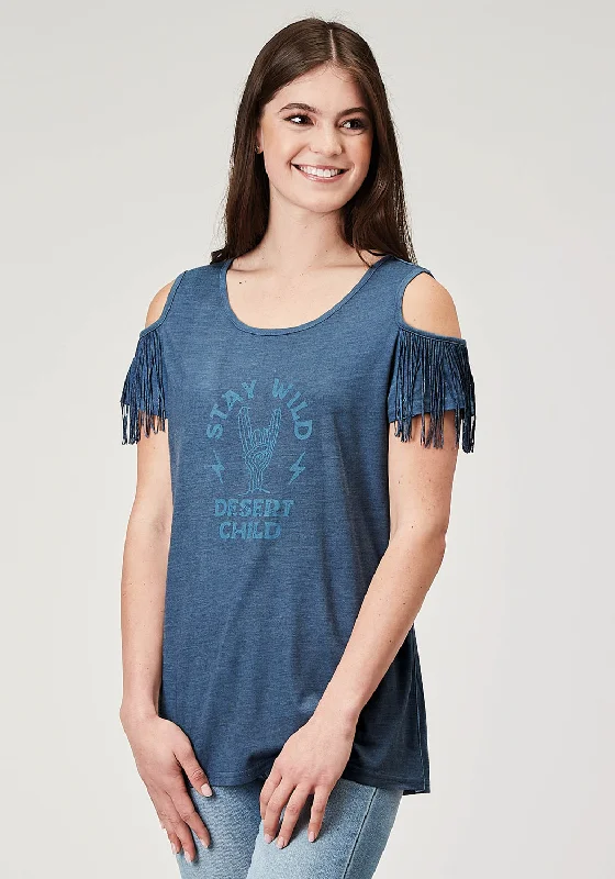 Sporty Comfort Roper Womens Stay Wild Navy Poly/Cotton Cold Shoulder S/S T-Shirt