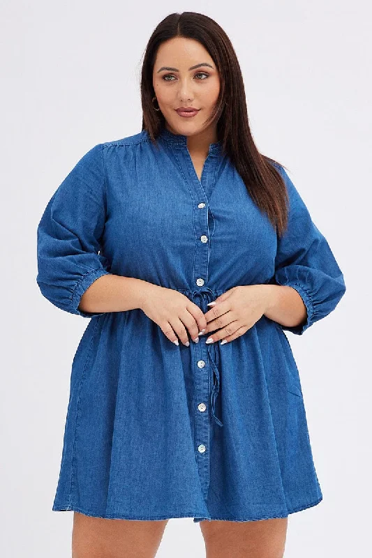 Modern Chic Blue Shirt Dress Denim Look Puff Sleeve