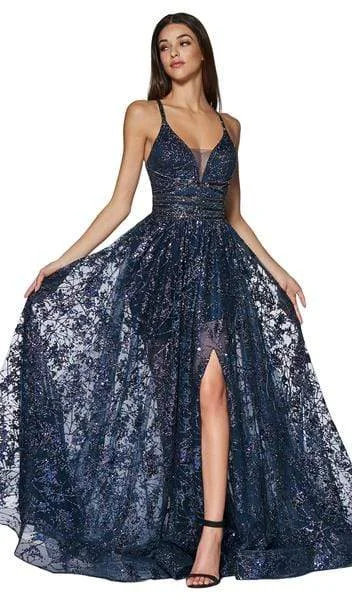 Cozy Fashions Cinderella Divine - Glitter Print A-Line Gown with Slit CM9015 - 1 pc Navy in Size 10 Available