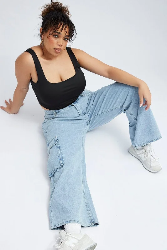 Relaxed Fits Denim Cargo Jeans High Rise
