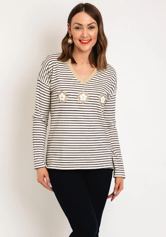 Casual Chic Looks Serafina Collection One Size Shimmery Flower Striped Top, Beige