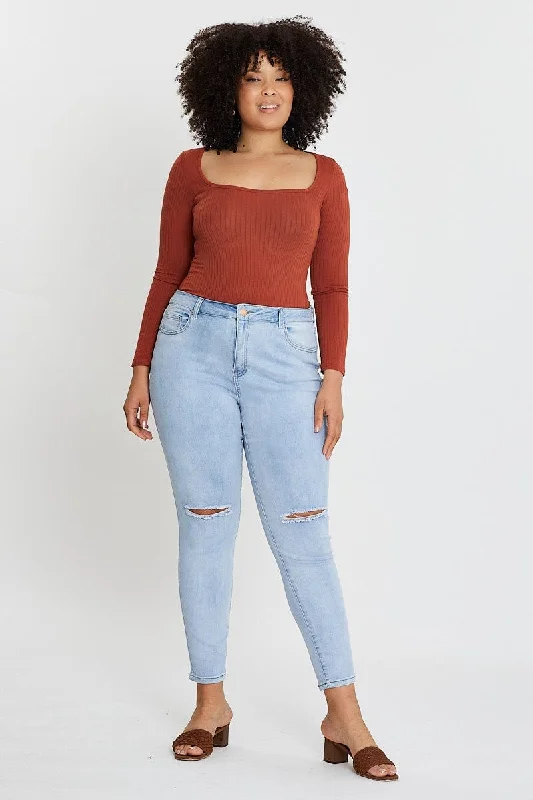 Soft Layers Blue High Rise Knee Distress Denim Skinny Jeans