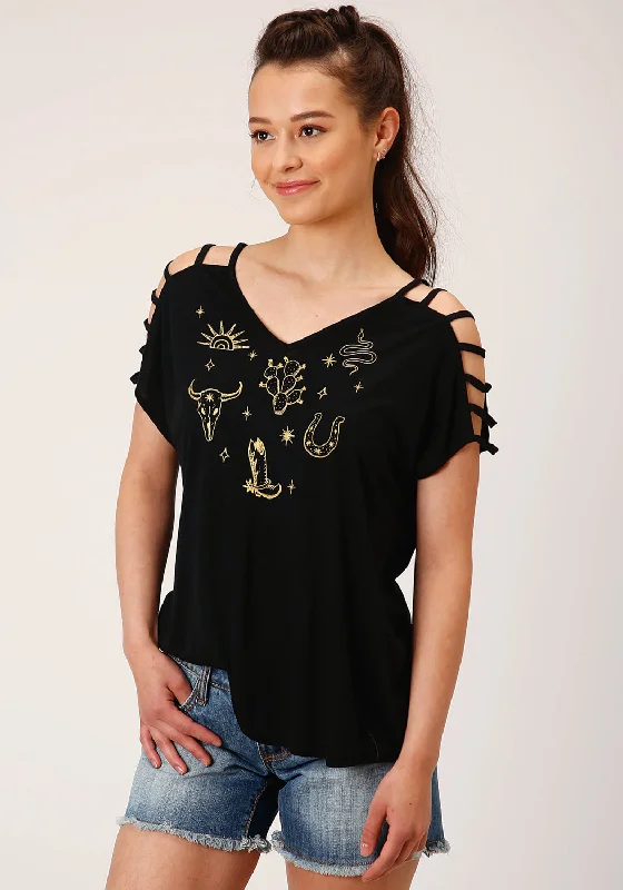 Soft Casuals Roper Womens Black Poly/Rayon Cold Shoulder S/S Strappy T-Shirt