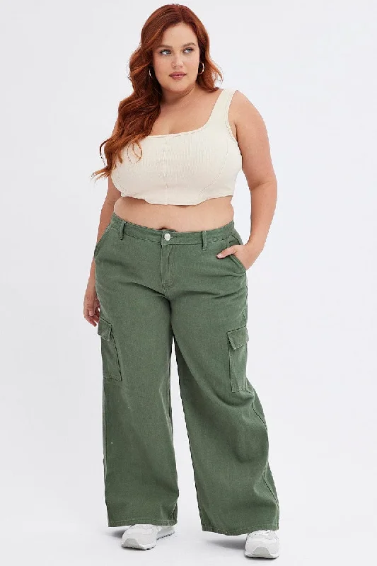 Comfortable Lifestyle Green Cargo Denim Jeans Mid Rise
