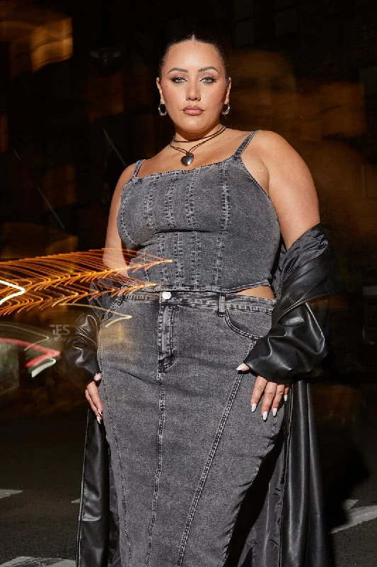 Relaxed Chic Black Crop Top Sleeveless Corset Denim