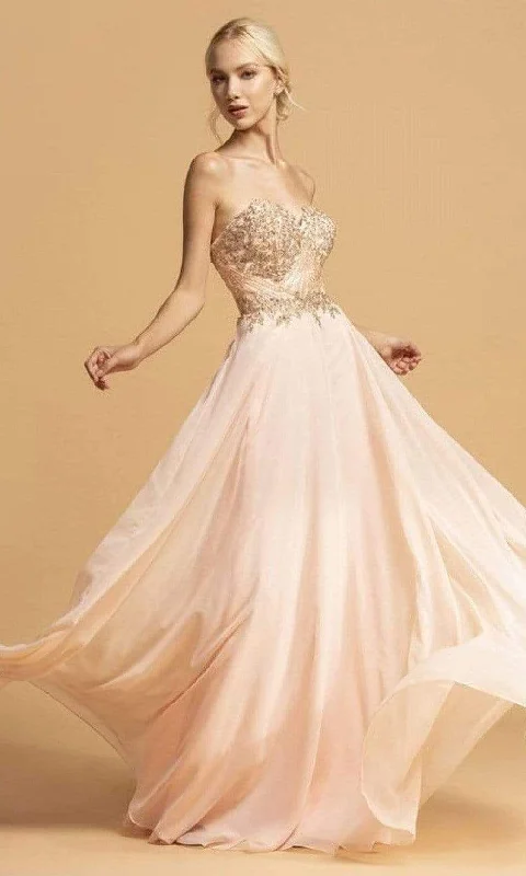 Comfortable Chic Trevi Collection - L2214 Strapless Metallic Applique A-Line Dress