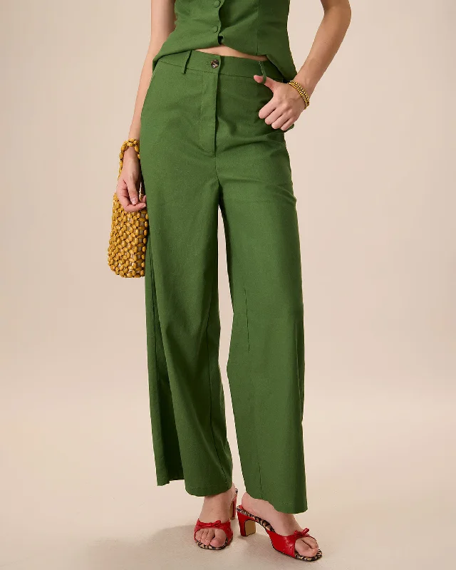 Soft Fabric Looks Women's Green High-Waisted Cotton Linen Wide-Leg Pants