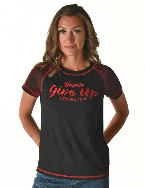 Comfy Layers Cowgirl Tuff Womens Never Give Up Shimmer Dark Red Nylon S/S T-Shirt