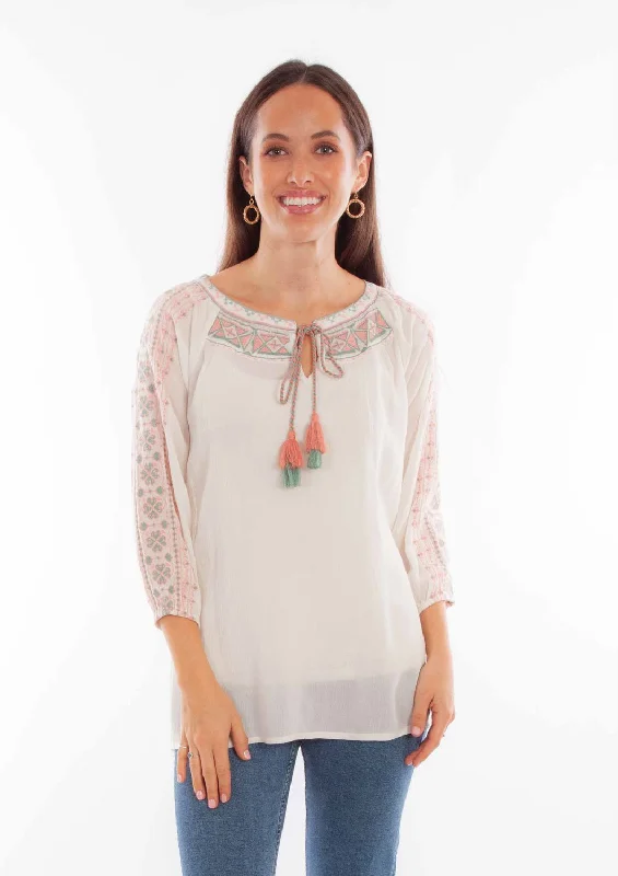 Versatile Comfort Wear Scully Womens Pullover Scoop Neck Ivory 100% Cotton 3/4 Sleeve S/S Tunic