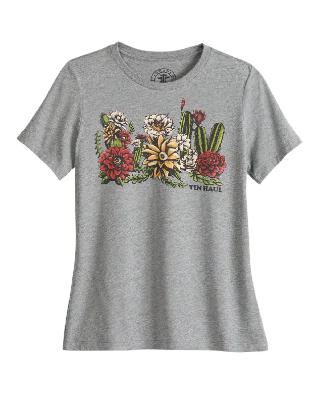 Soft Comfort Wear Tin Haul Womens Cactus Garden Grey Cotton Blend S/S T-Shirt