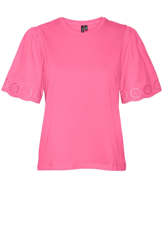 Simple Chic Vero Moda Emily Broderie Sleeve Top, Pink Cosmos
