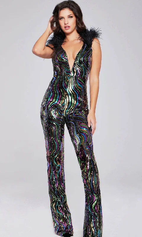 Comfortable Fitwear Jovani 37276 - Feather Detailed Plunging V-neck Cocktail Dress