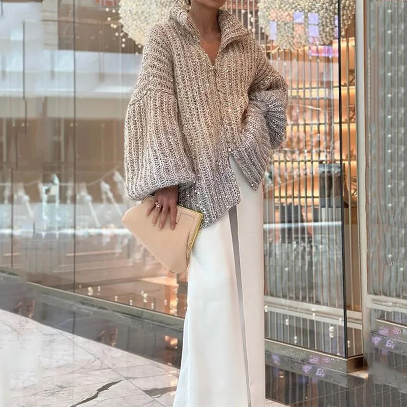 Relaxed Fashion Fashion Sequined V Neck Sweaters for Women