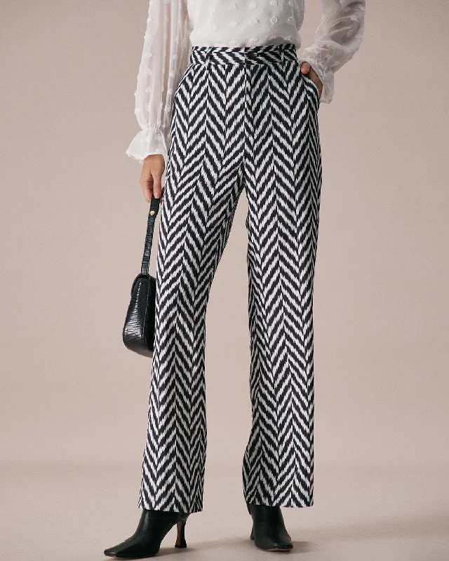 Elegant Casuals The Grey Wave Pattern Button Straight Pants