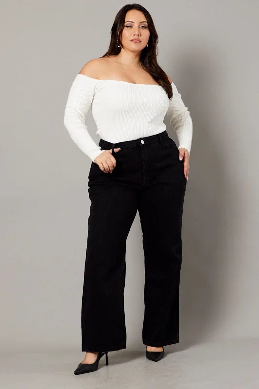 Cozy Fitting Black Wide Leg Jeans High Rise Distress Details