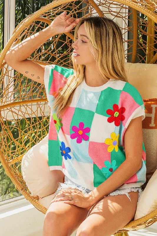 Stylish Casuals BiBi Flower Patch Checkered Sweater Vest