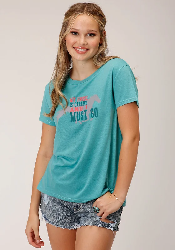 Timeless Outfits Roper Womens My Horse is Calling Blue Poly/Rayon S/S T-Shirt