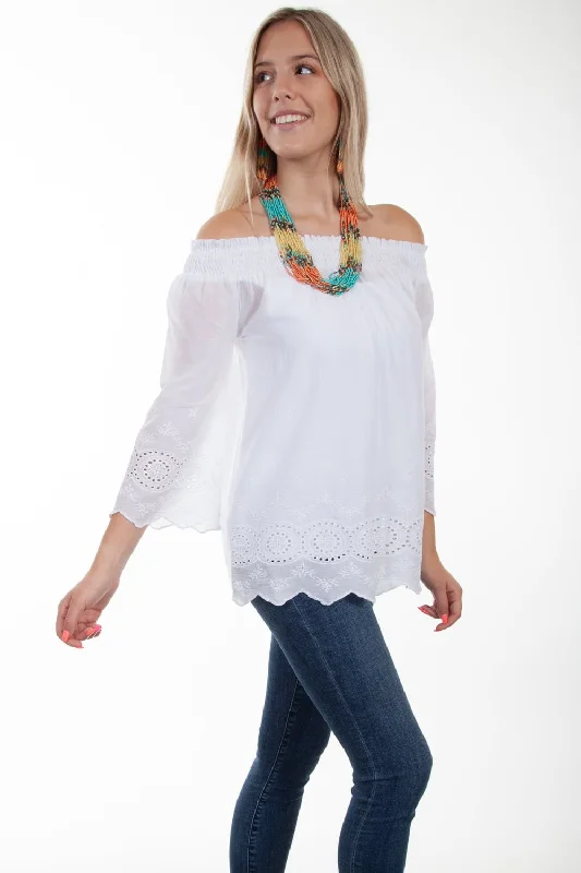 Cozy Essentials Scully Womens Off Shoulder Eyelet White 100% Cotton S/S Blouse