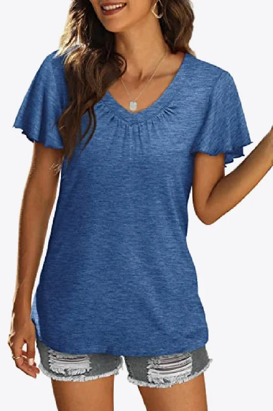 Warm Chic V-Neck Flutter Sleeve Tee Shirt