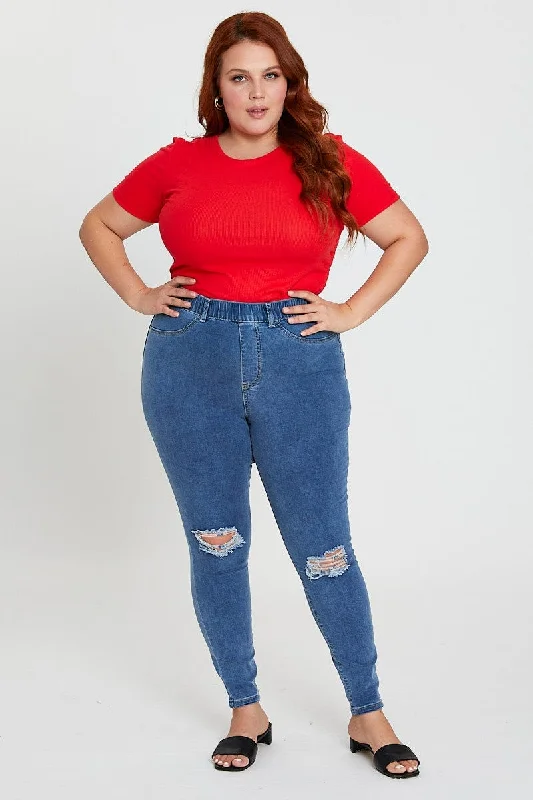 Fashion Comfort Blue Knee Jeggings High Rise Slash