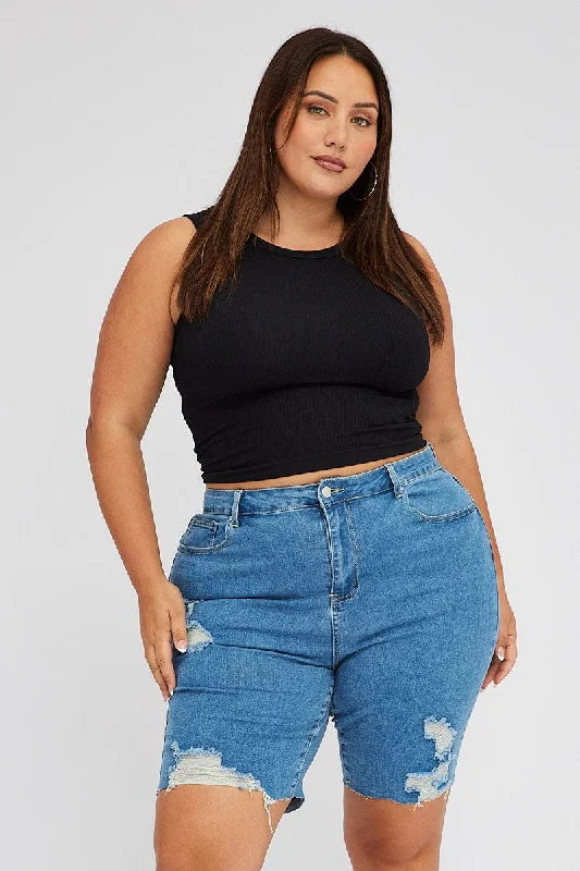 Comfortable Chic Denim Knee Length Shorts High Rise