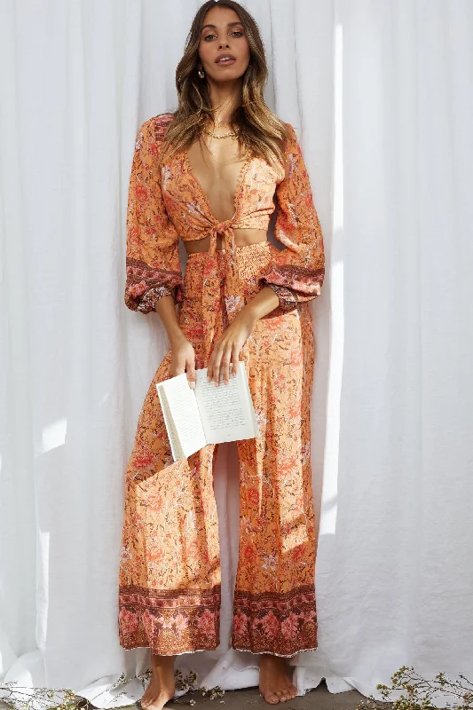 Light Comfort Novo Shirred Waist Long Pants Bohemian Print Orange
