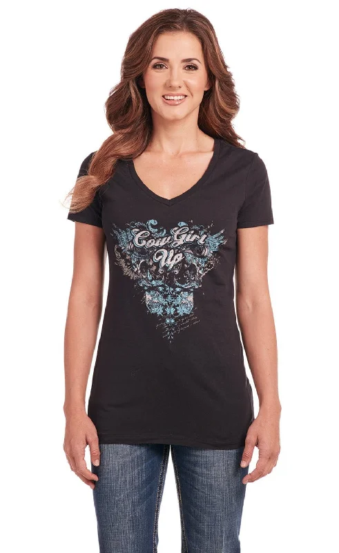 Light Fit Cowgirl Up Womens Ornate V-Neck Black 100% Cotton S/S T-Shirt
