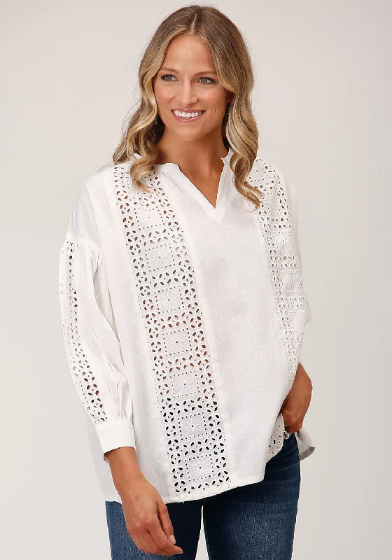 Soft Wearables Roper Womens Flex Peasant White 100% Cotton 3/4 Sleeve S/S Blouse