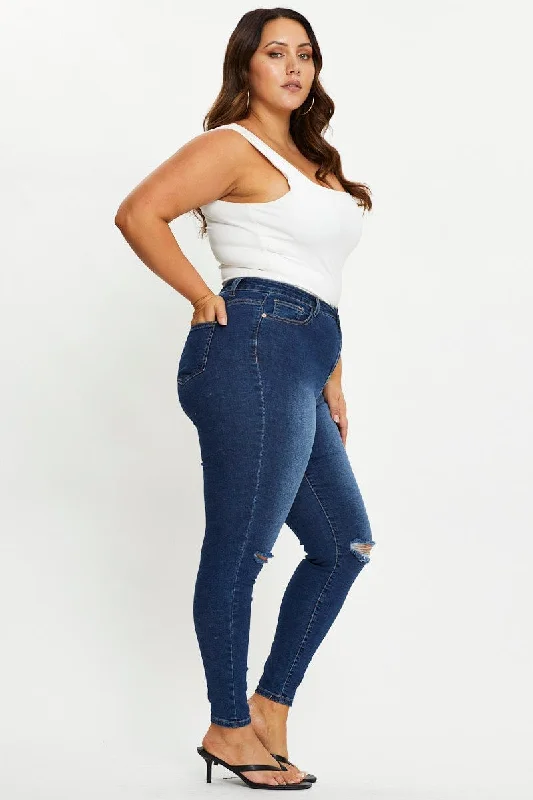 Comfy Pants Blue Denim Jean High Rise Slash Knee Skinny