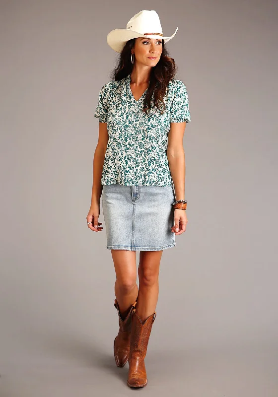 Soft Knitwear Stetson Womens Floral Print Jade 100% Rayon S/S Blouse