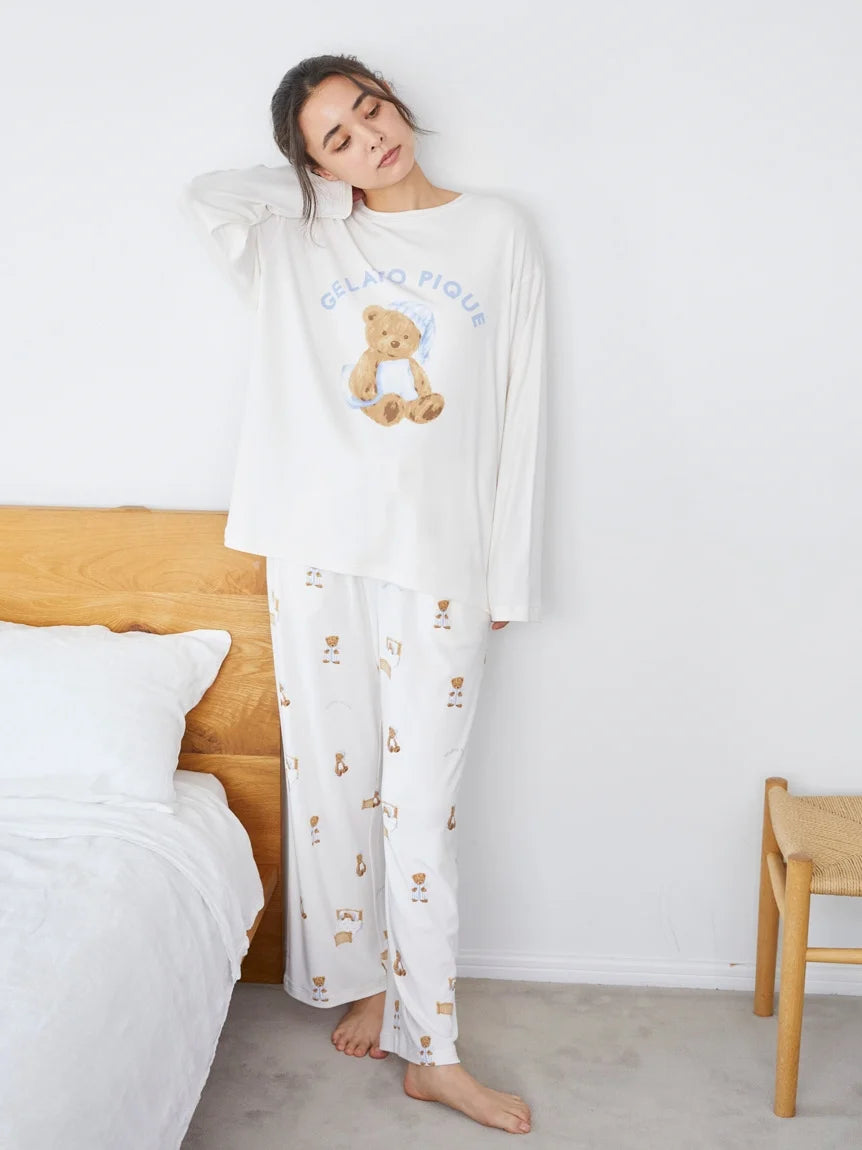 Easy Wear Chic GOOD NIGHT BEAR Motif Pajama Pants