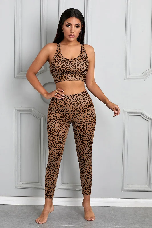 Comfortable Lifestyle Women Brown Cheetah Print Sport Bra Pants Set
