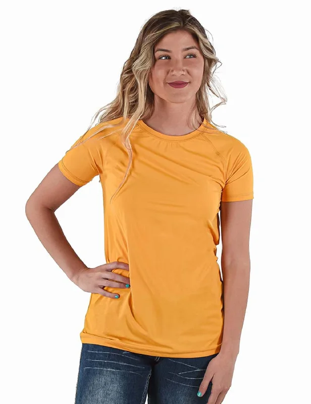 Casual Comfort Cowgirl Tuff Womens Cooling UPF Raglan Baseball Gold Nylon S/S T-Shirt