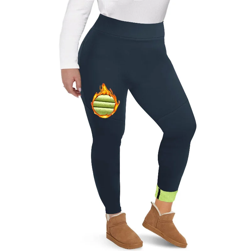 Relaxed Fashion Plus Size Fleece Lined Leggings Women with Pockets - Navy Blue