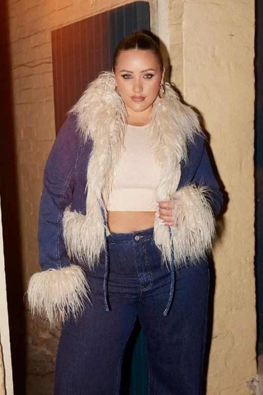 Cozy Fashion Trends Denim Jacket Shaggy Fur Trim Stretch
