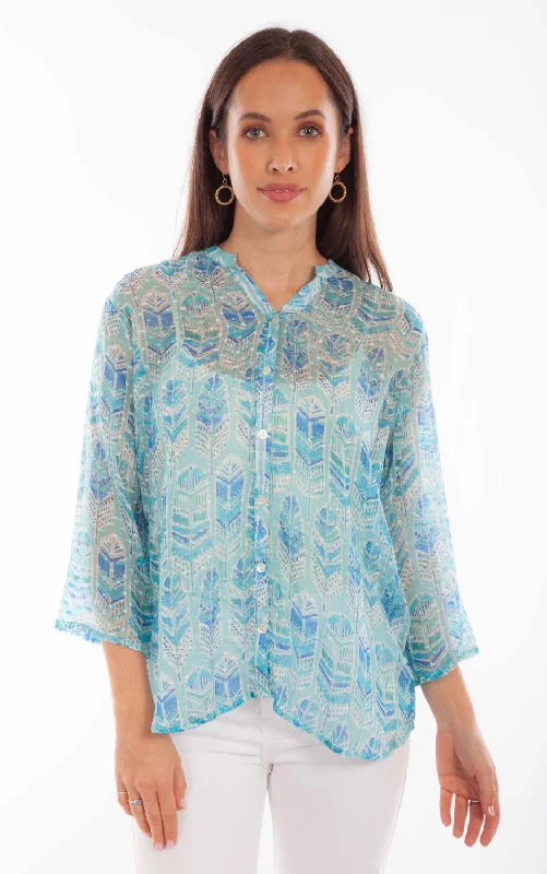 Everyday Style Scully Womens Feather Texture Sky Viscose 3/4 Sleeve S/S Blouse