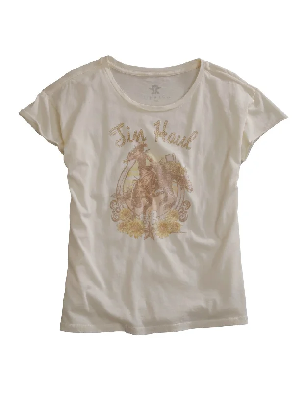 Warm Chic Tin Haul Womens Buckin Cowgirl White 100% Cotton S/S T-Shirt