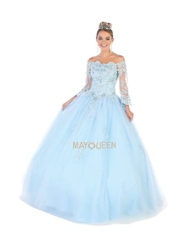 Timeless Outfits May Queen - LK111 Bell Sleeve Appliqued Off Shoulder Ballgown