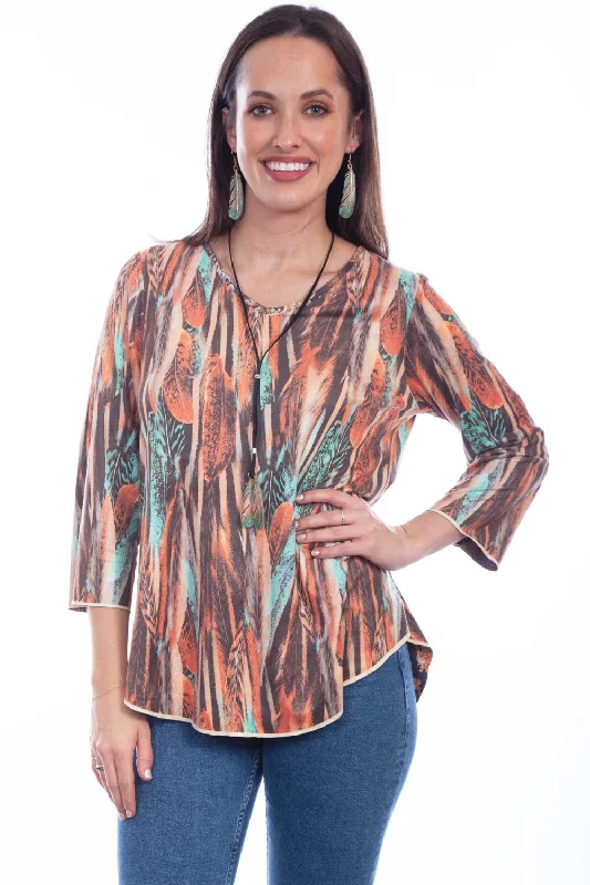Soft Trends Scully Womens Feather Ornament Turquoise Poly/Spandex S/S Blouse