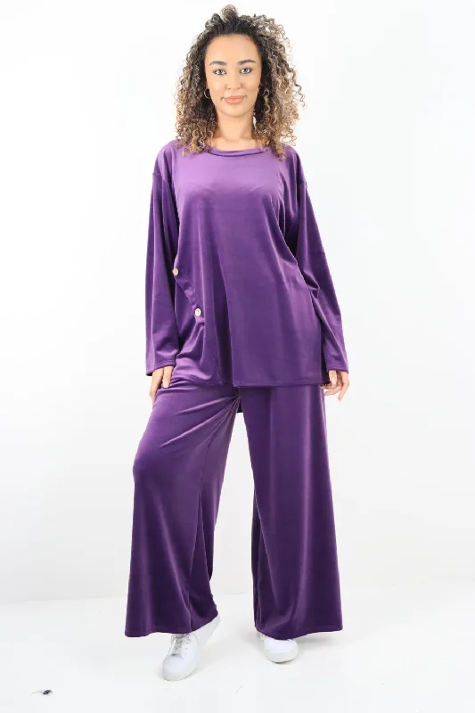 Sporty Comfort Button Detail  Velour Co-Ord Set