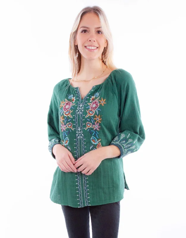Simple Looks Scully Womens Floral Tie Front Jade 100% Cotton S/S Blouse