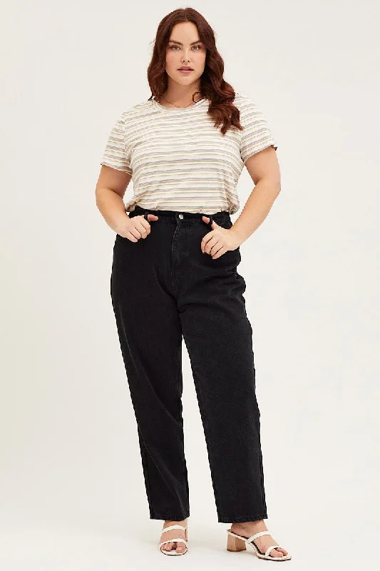 Relaxed Weekend Wear Black Denim Jean High Rise Paperbag Straight Leg