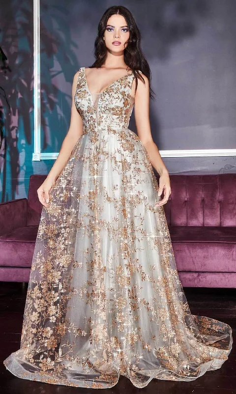 All-Day Outfits Ladivine CB068 - Metallic Lace V-Neck Prom Gown