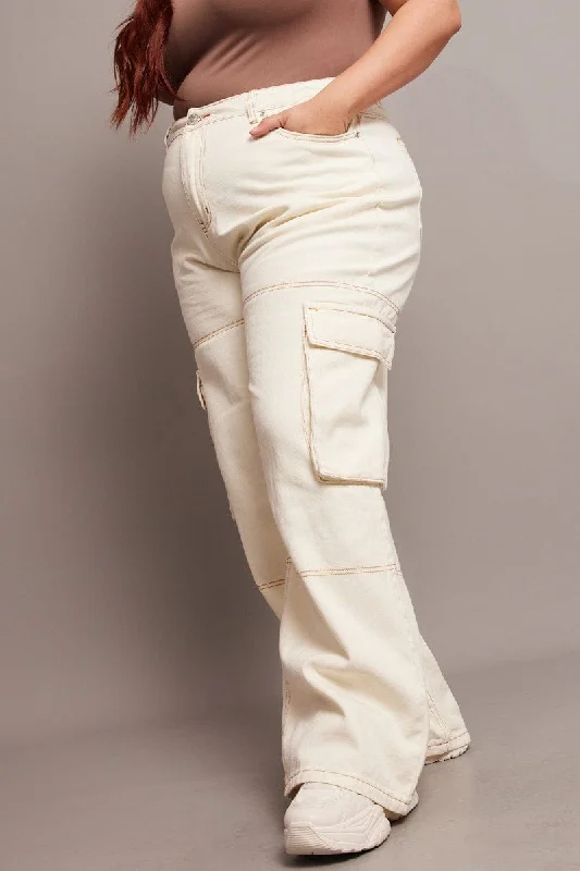 Effortless Dressing Beige Cargo Jeans High Rise