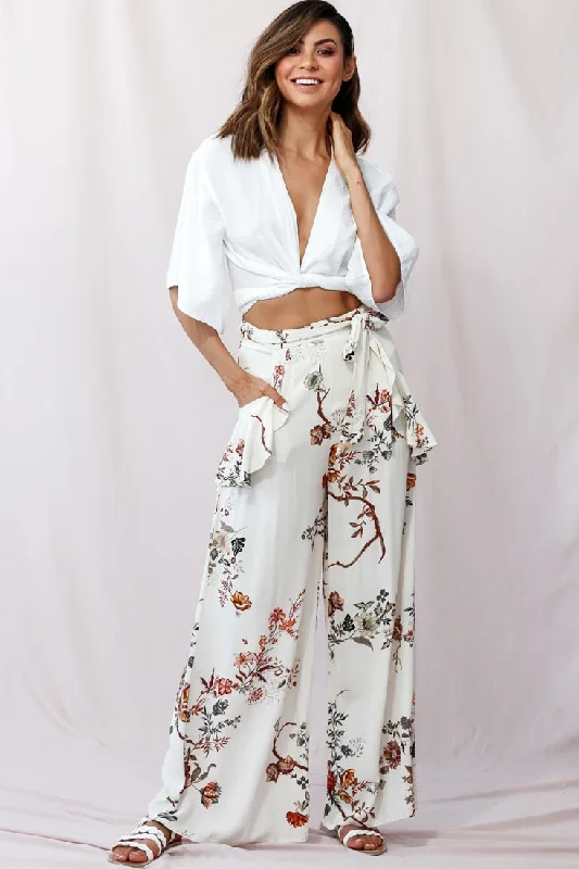 Comfortable Tops Amanda Wide-Leg Frill Detail Pants Floral Print Beige