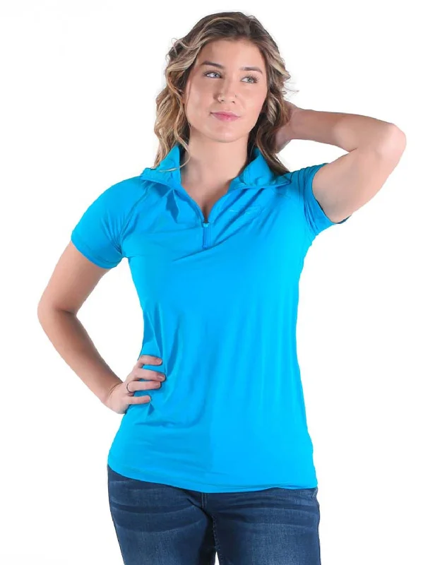 Soft Looks Cowgirl Tuff Womens Cooling UPF 1/4 Zip Aqua Nylon S/S T-Shirt