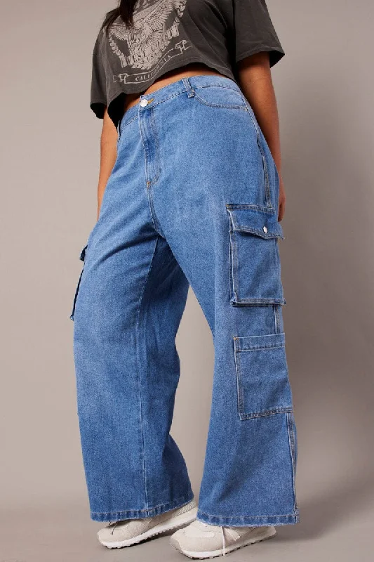 Relaxed Looks Denim Cargo Jeans Mid Rise